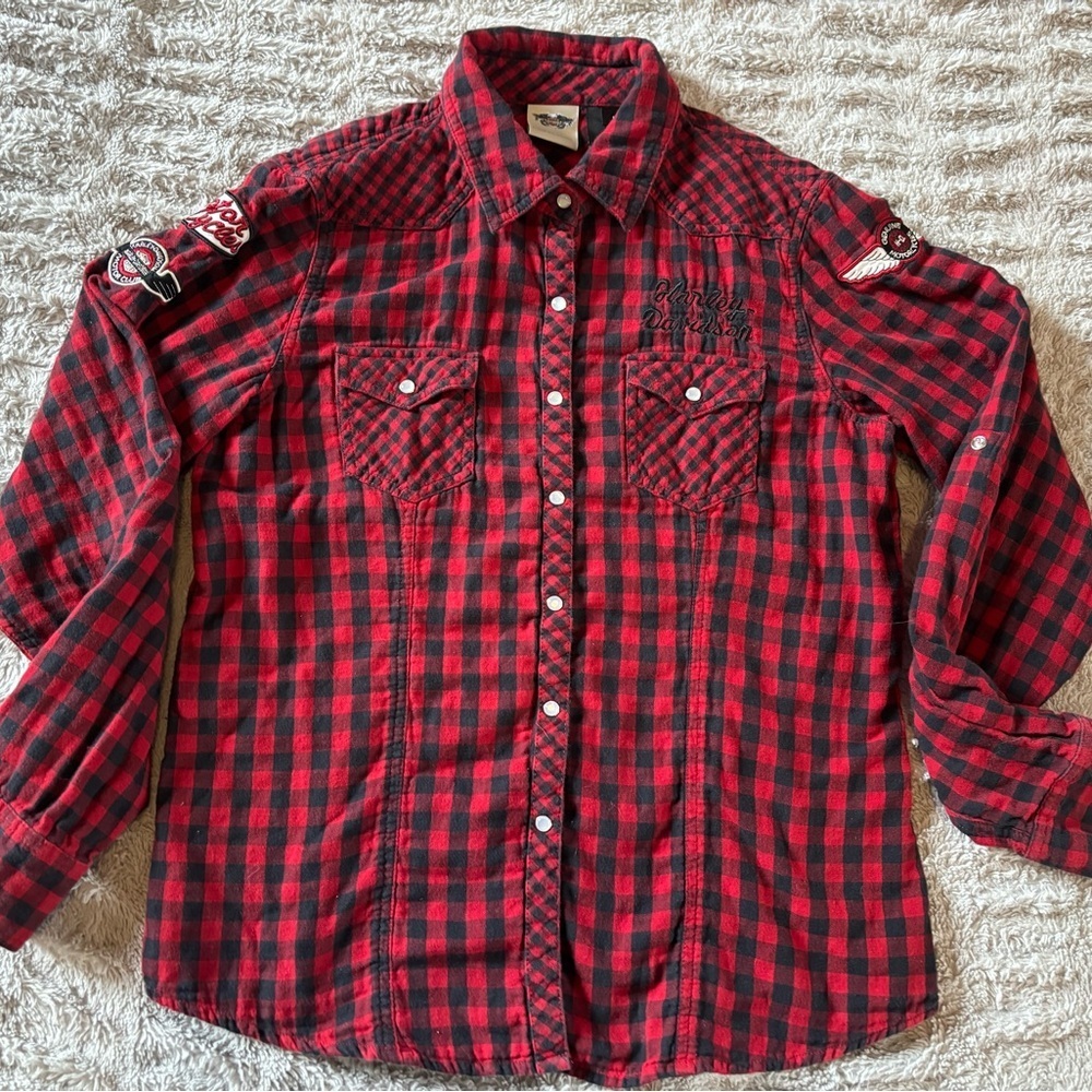 Harley Davidson Women’s Plaid Button Down Shirt L Red Black Patch Logo 2012 - Picture 8 of 14
